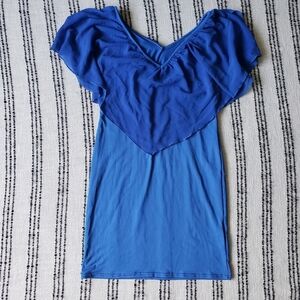 Beautiful Blue Mini Sheath Dress With Ruffled Sleeves Size Medium
